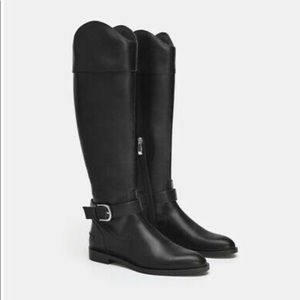 Zara Black Vegan Leather Riding Boots with Buckle